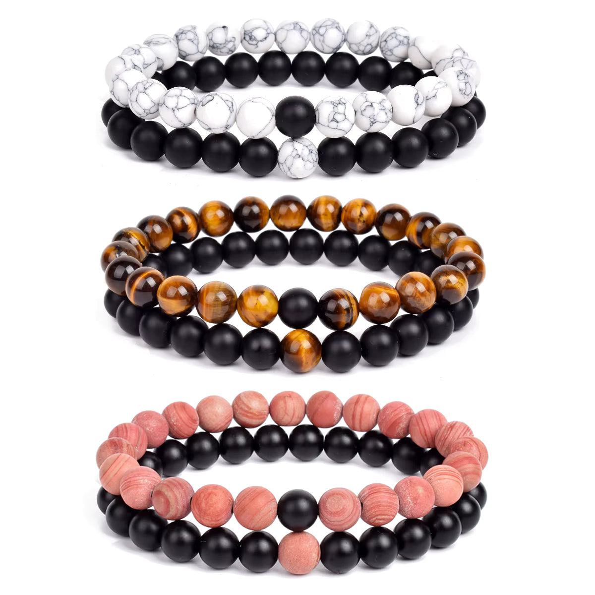 Couples Beaded Bracelet Set Natural Lava Tiger Eye Black White Elastic