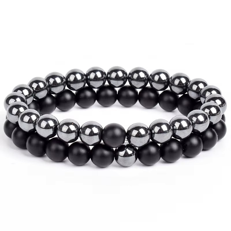 Couples Beaded Bracelet Set Natural Lava Tiger Eye Black White Elastic