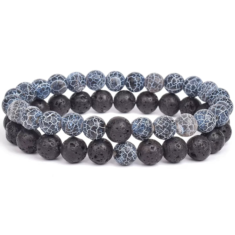 Couples Beaded Bracelet Set Natural Lava Tiger Eye Black White Elastic