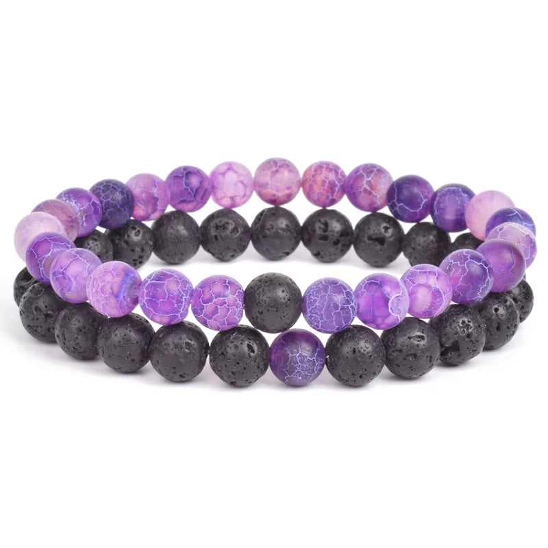 Couples Beaded Bracelet Set Natural Lava Tiger Eye Black White Elastic