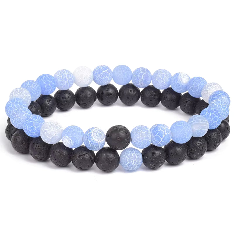 Couples Beaded Bracelet Set Natural Lava Tiger Eye Black White Elastic