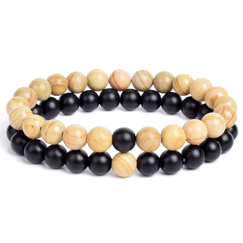 Couples Beaded Bracelet Set Natural Lava Tiger Eye Black White Elastic