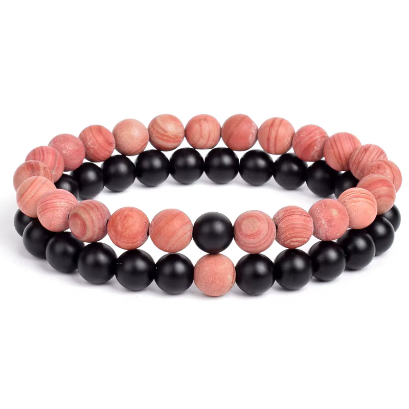 Couples Beaded Bracelet Set Natural Lava Tiger Eye Black White Elastic