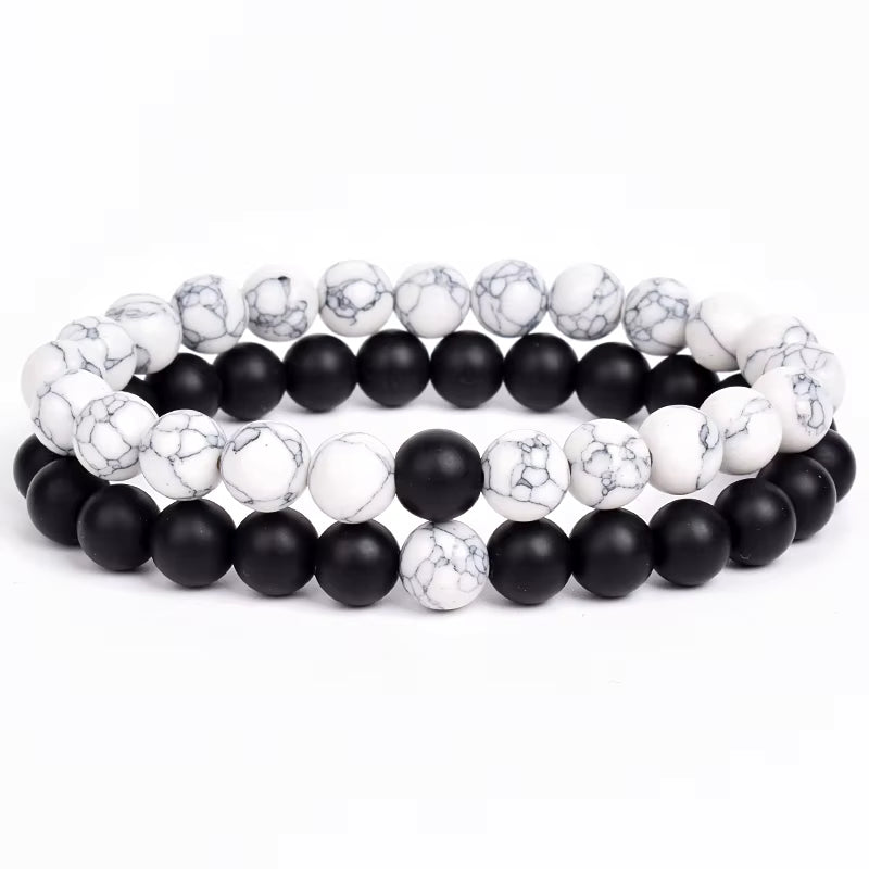 Couples Beaded Bracelet Set Natural Lava Tiger Eye Black White Elastic