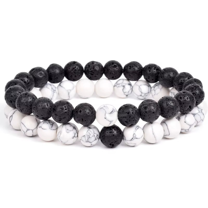 Couples Beaded Bracelet Set Natural Lava Tiger Eye Black White Elastic