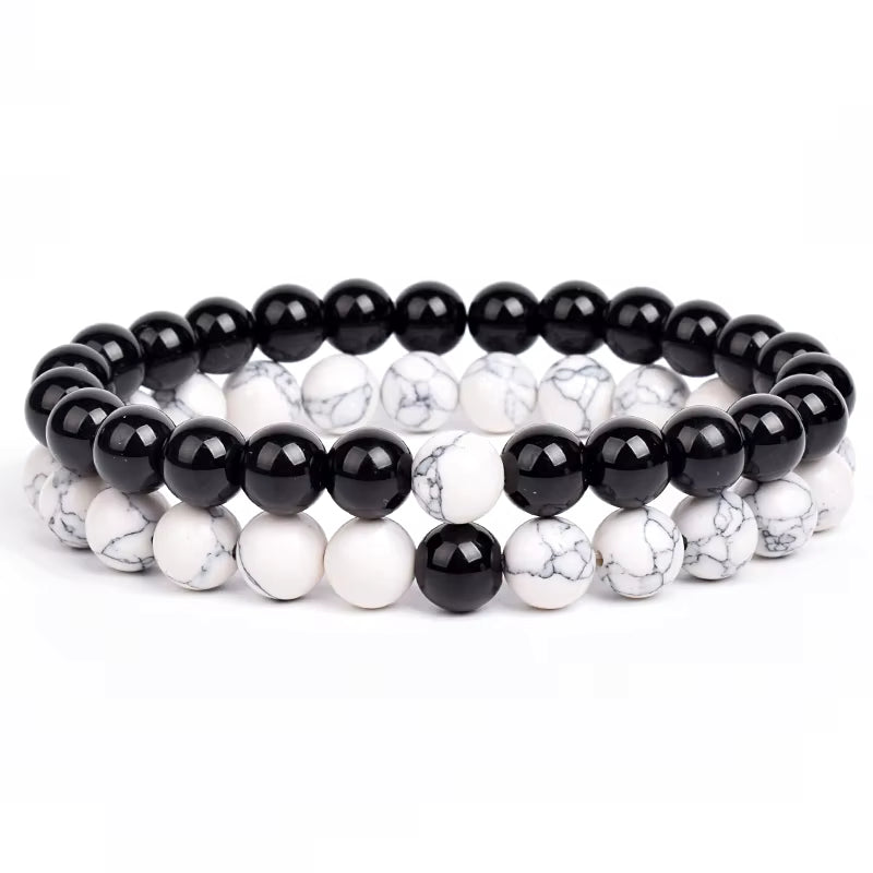 Couples Beaded Bracelet Set Natural Lava Tiger Eye Black White Elastic