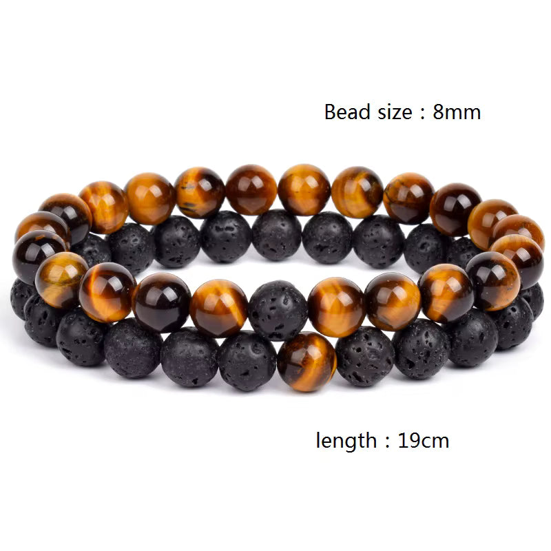 Couples Beaded Bracelet Set Natural Lava Tiger Eye Black White Elastic