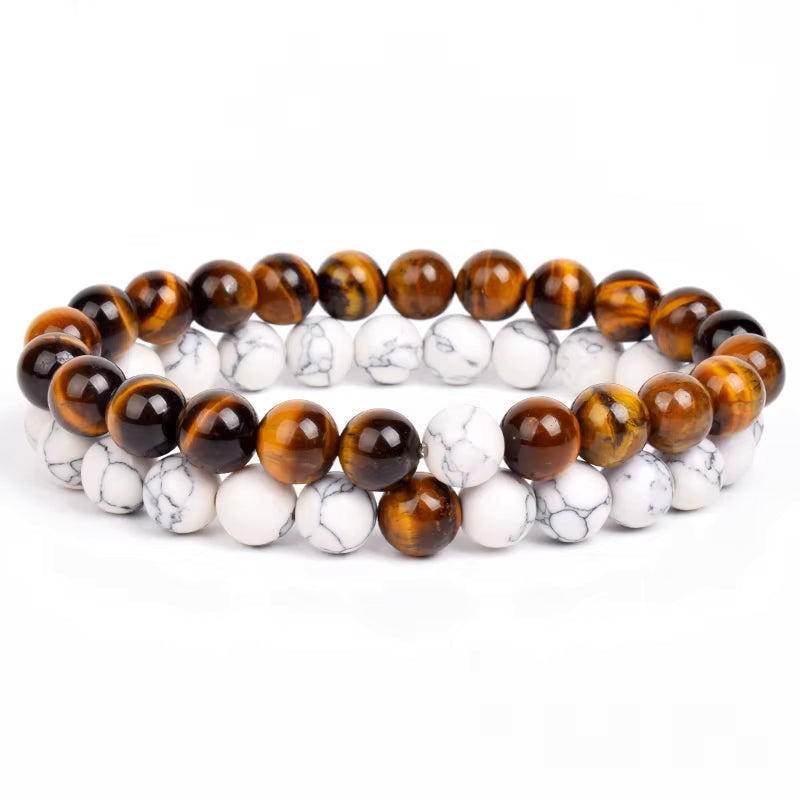 Couples Beaded Bracelet Set Natural Lava Tiger Eye Black White Elastic