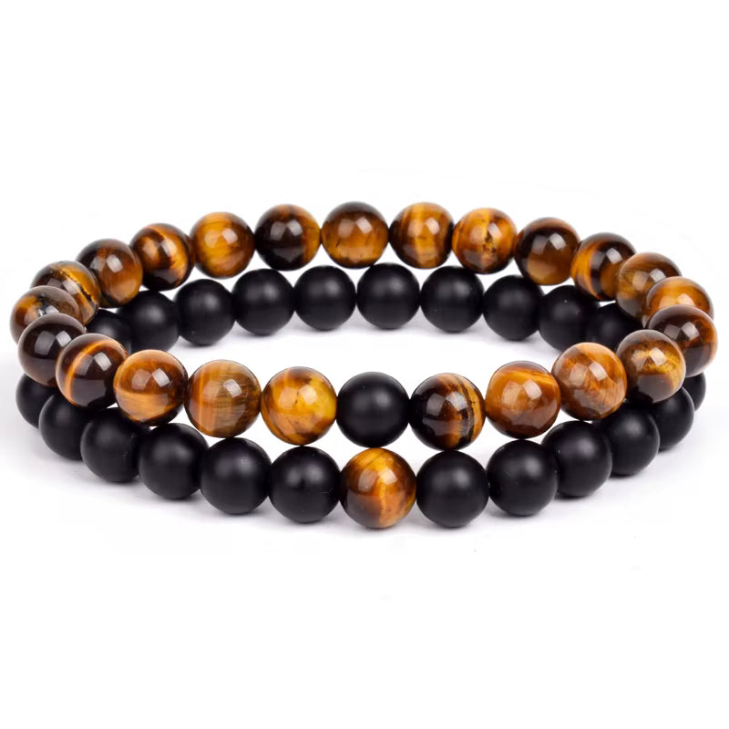 Couples Beaded Bracelet Set Natural Lava Tiger Eye Black White Elastic