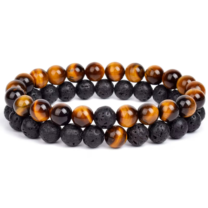 Couples Beaded Bracelet Set Natural Lava Tiger Eye Black White Elastic