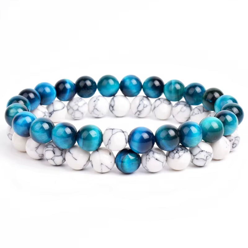 Couples Beaded Bracelet Set Natural Lava Tiger Eye Black White Elastic