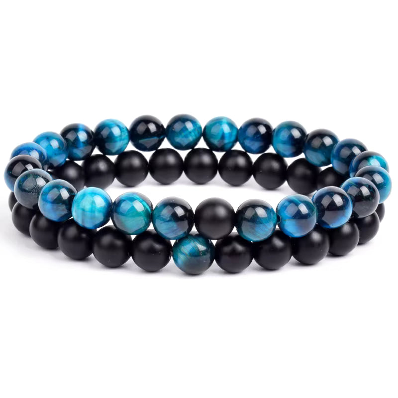 Couples Beaded Bracelet Set Natural Lava Tiger Eye Black White Elastic