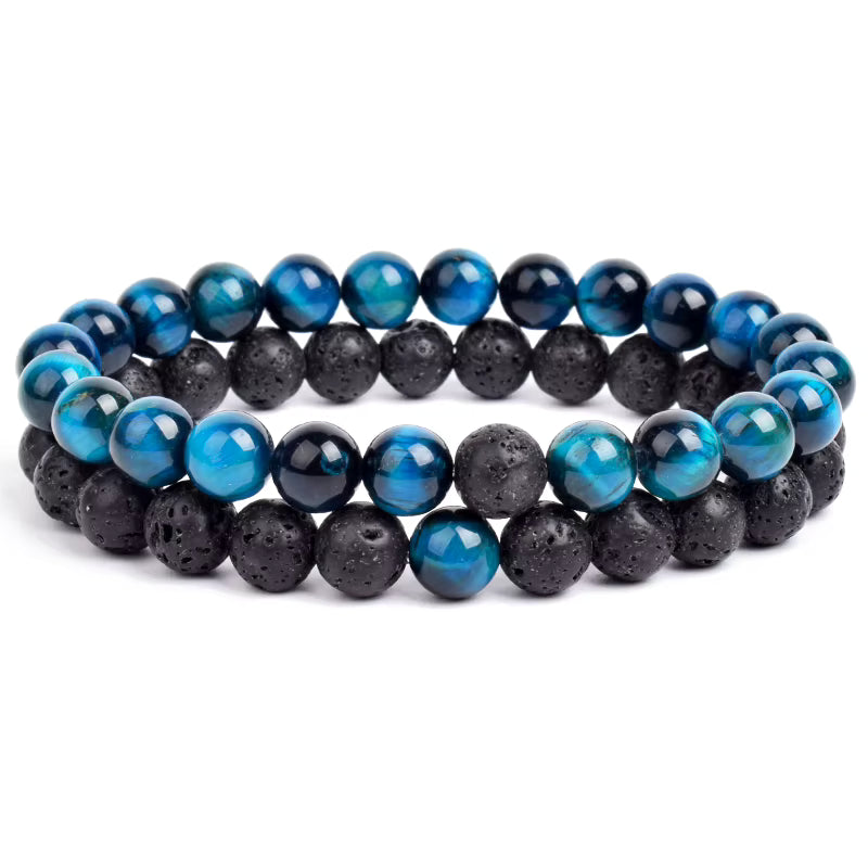 Couples Beaded Bracelet Set Natural Lava Tiger Eye Black White Elastic