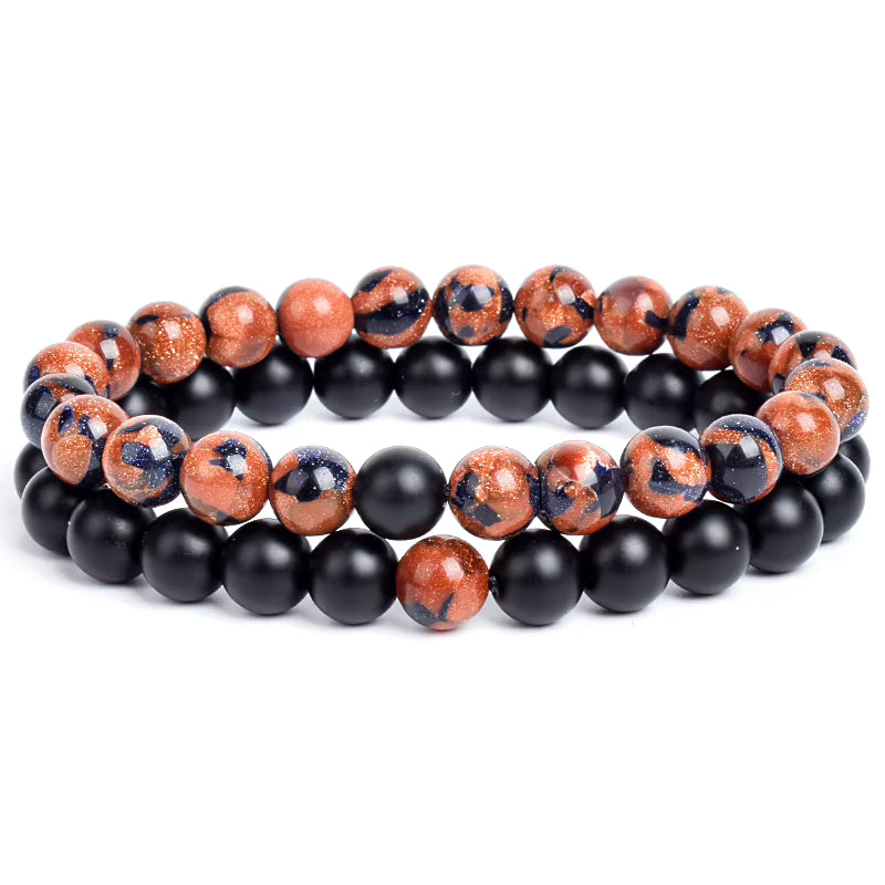 Couples Beaded Bracelet Set Natural Lava Tiger Eye Black White Elastic