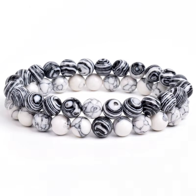 Couples Beaded Bracelet Set Natural Lava Tiger Eye Black White Elastic