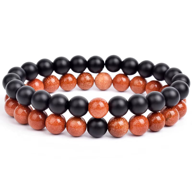 Couples Beaded Bracelet Set Natural Lava Tiger Eye Black White Elastic