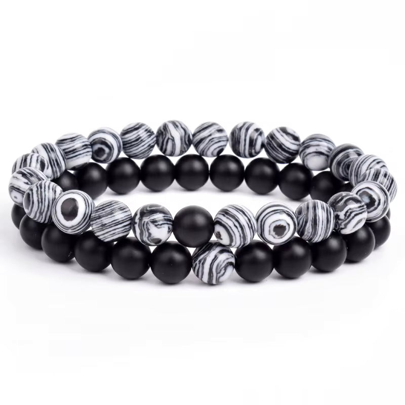 Couples Beaded Bracelet Set Natural Lava Tiger Eye Black White Elastic