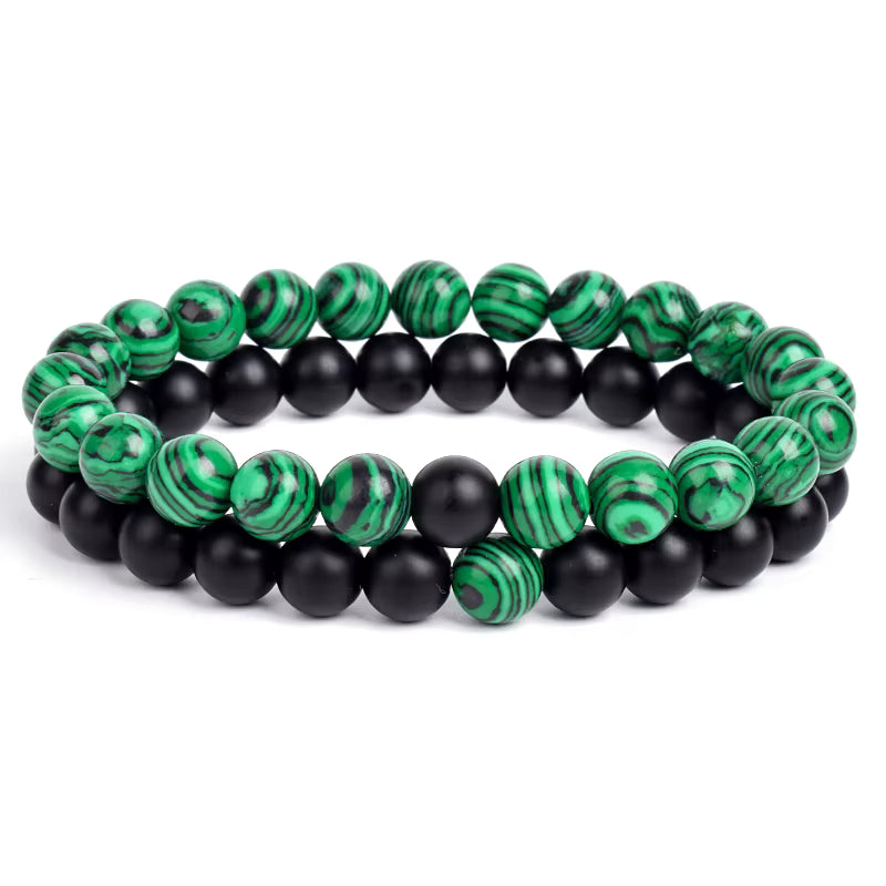Couples Beaded Bracelet Set Natural Lava Tiger Eye Black White Elastic
