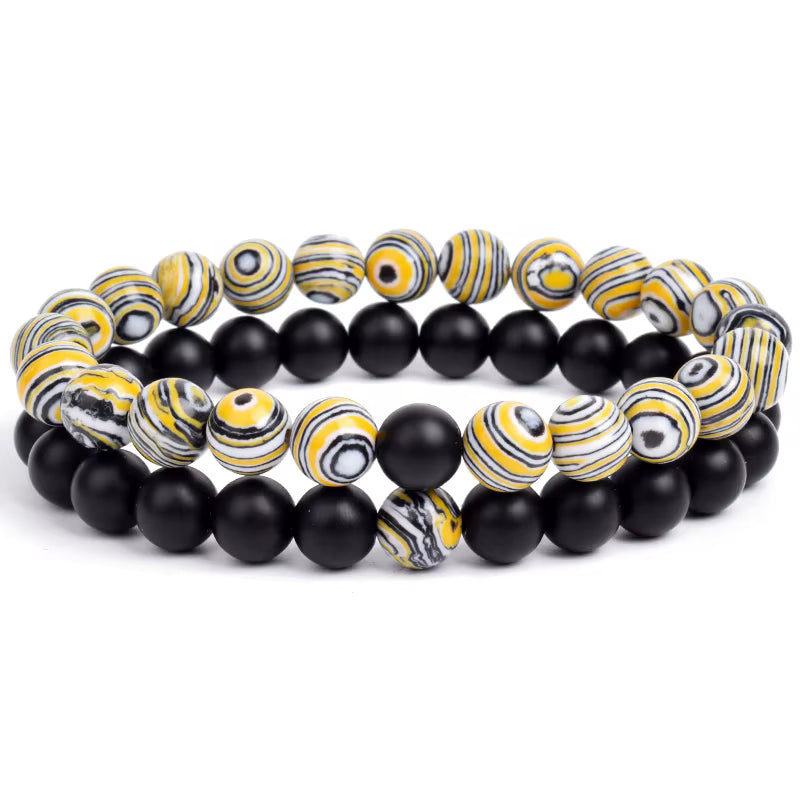 Couples Beaded Bracelet Set Natural Lava Tiger Eye Black White Elastic