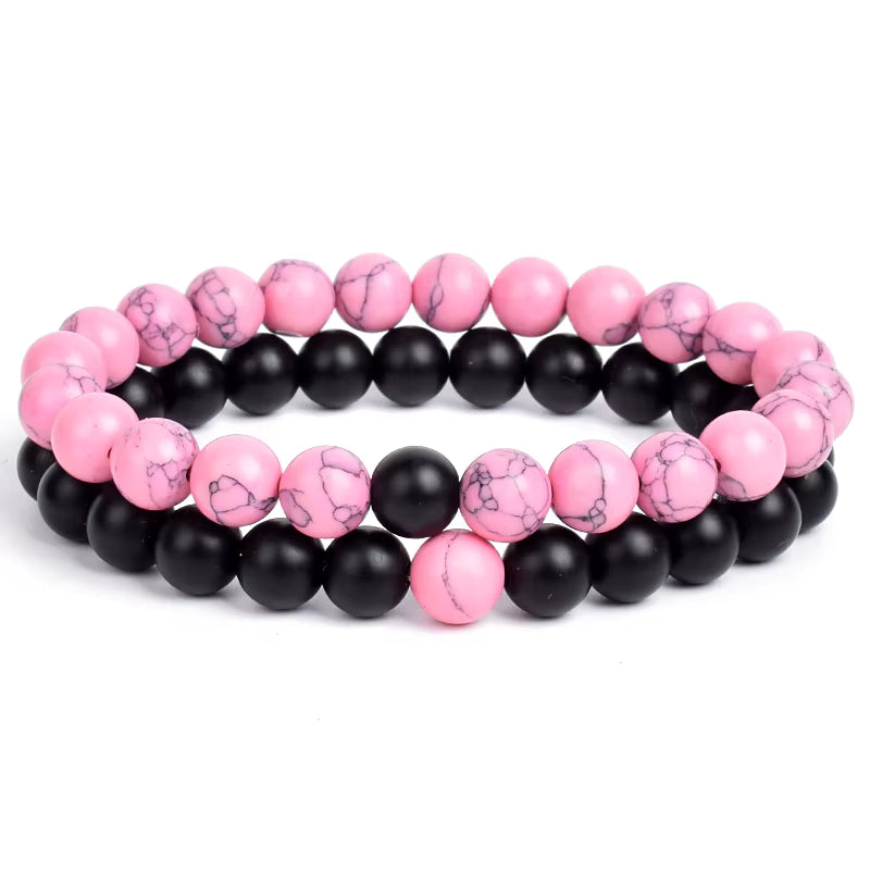 Couples Beaded Bracelet Set Natural Lava Tiger Eye Black White Elastic