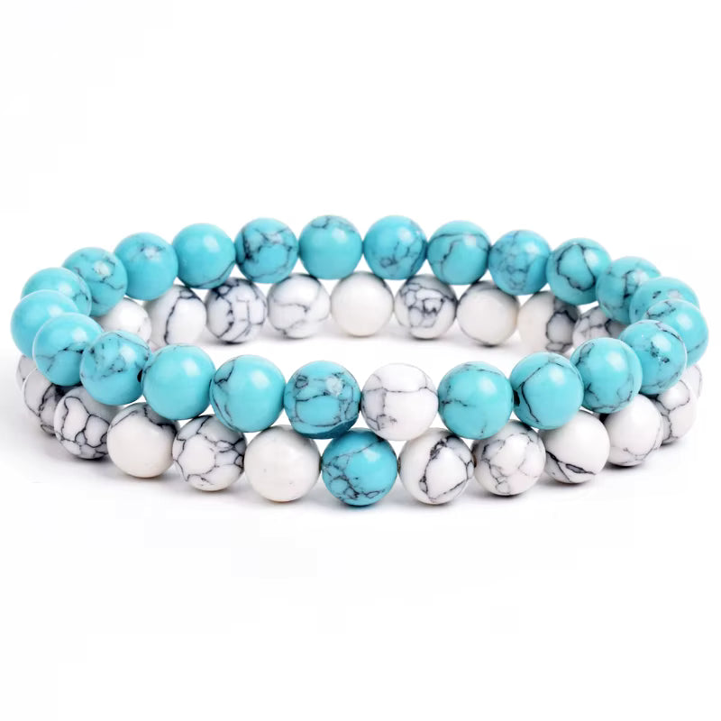Couples Beaded Bracelet Set Natural Lava Tiger Eye Black White Elastic