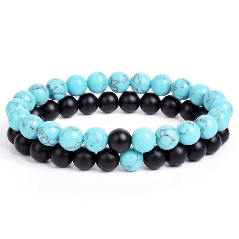 Couples Beaded Bracelet Set Natural Lava Tiger Eye Black White Elastic