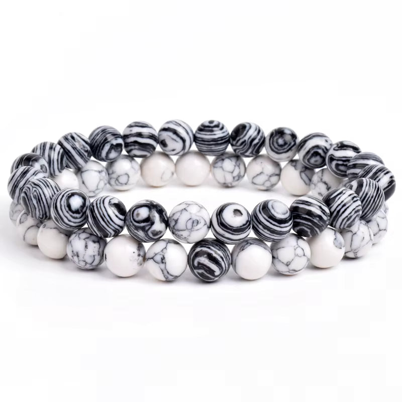 Couples Beaded Bracelet Set Natural Lava Tiger Eye Black White Elastic