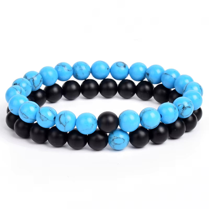 Couples Beaded Bracelet Set Natural Lava Tiger Eye Black White Elastic