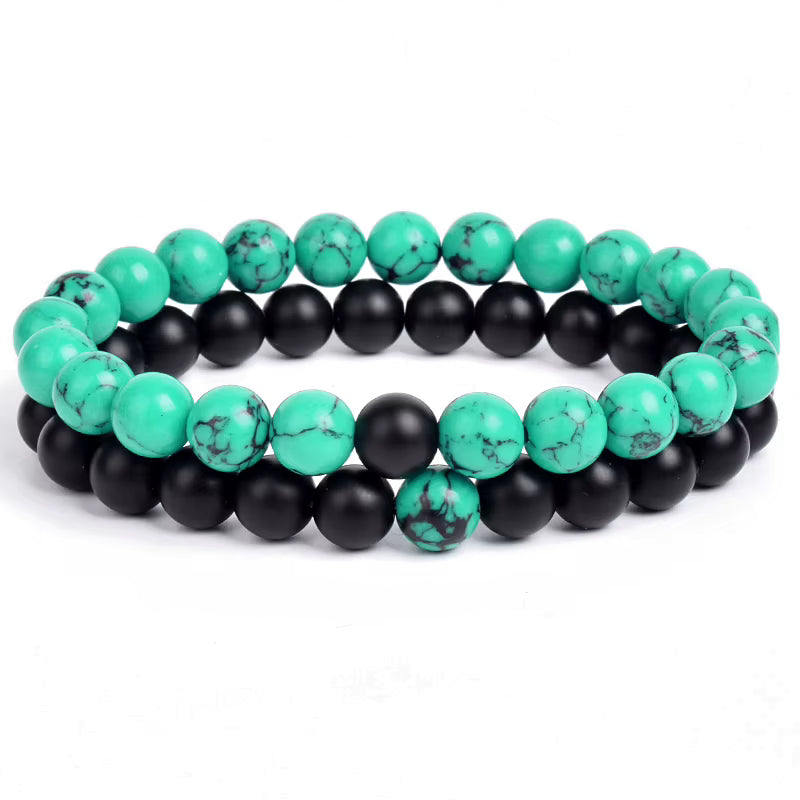 Couples Beaded Bracelet Set Natural Lava Tiger Eye Black White Elastic