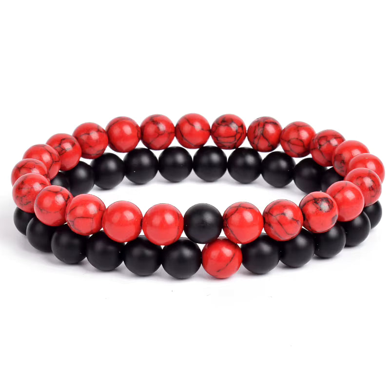 Couples Beaded Bracelet Set Natural Lava Tiger Eye Black White Elastic