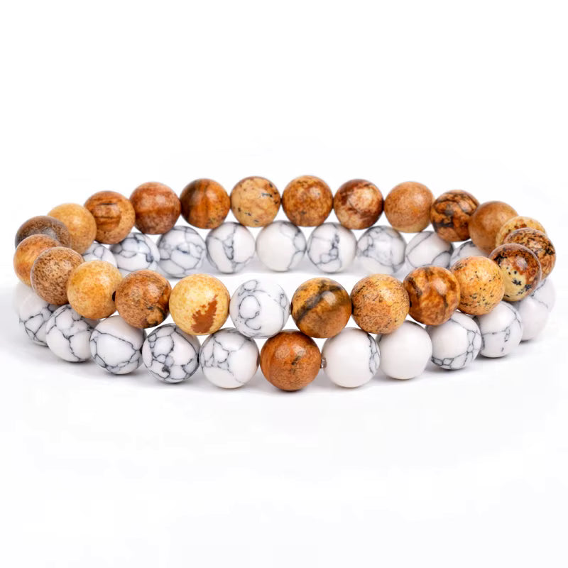 Couples Beaded Bracelet Set Natural Lava Tiger Eye Black White Elastic