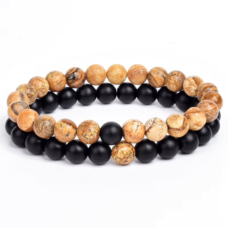 Couples Beaded Bracelet Set Natural Lava Tiger Eye Black White Elastic
