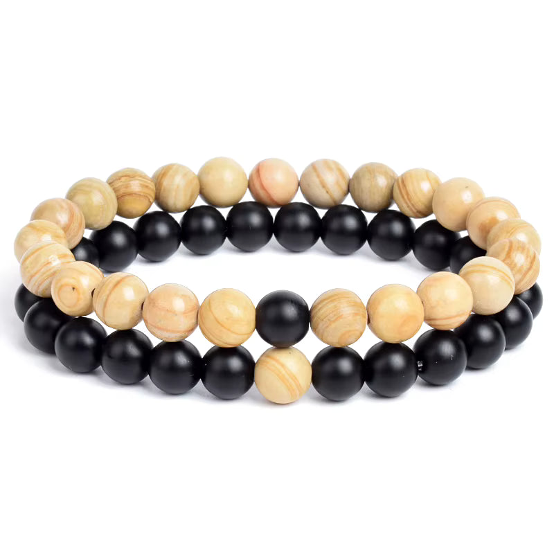 Couples Beaded Bracelet Set Natural Lava Tiger Eye Black White Elastic