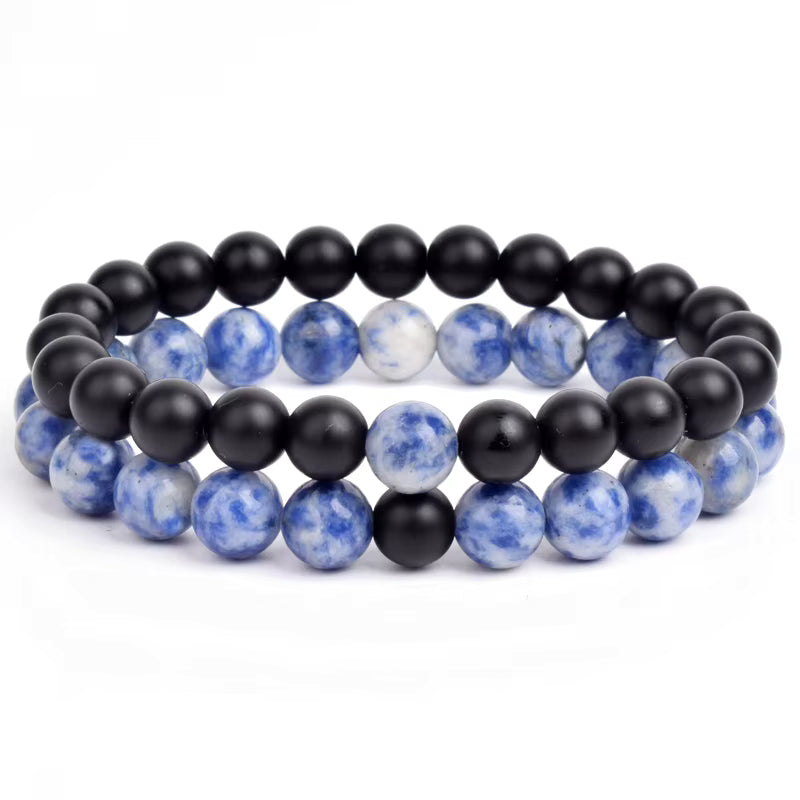 Couples Beaded Bracelet Set Natural Lava Tiger Eye Black White Elastic
