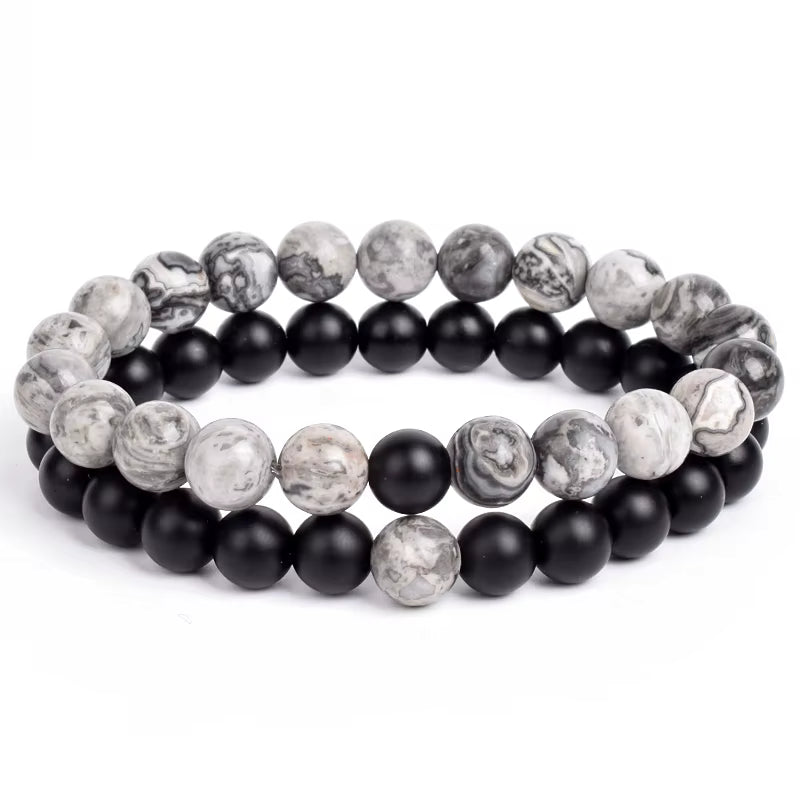 Couples Beaded Bracelet Set Natural Lava Tiger Eye Black White Elastic