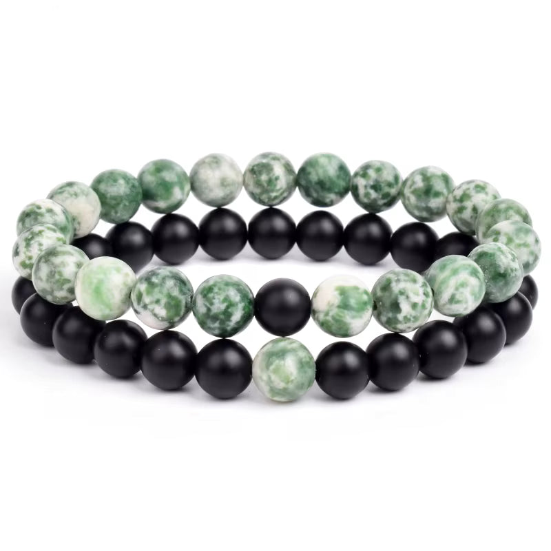 Couples Beaded Bracelet Set Natural Lava Tiger Eye Black White Elastic