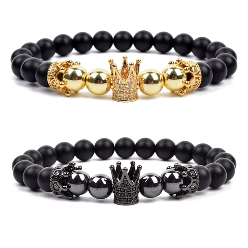 Crown Charm Beaded Bracelet Matte Black Onyx Hematite with Micro CZ