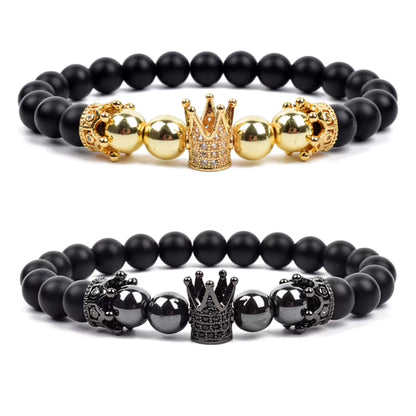 Crown Charm Beaded Bracelet Matte Black Onyx Hematite with Micro CZ
