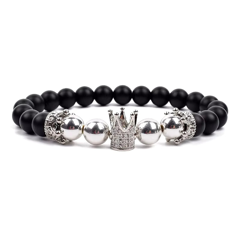 Crown Charm Beaded Bracelet Matte Black Onyx Hematite with Micro CZ