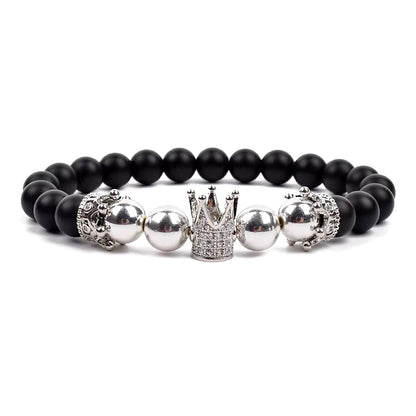 Crown Charm Beaded Bracelet Matte Black Onyx Hematite with Micro CZ