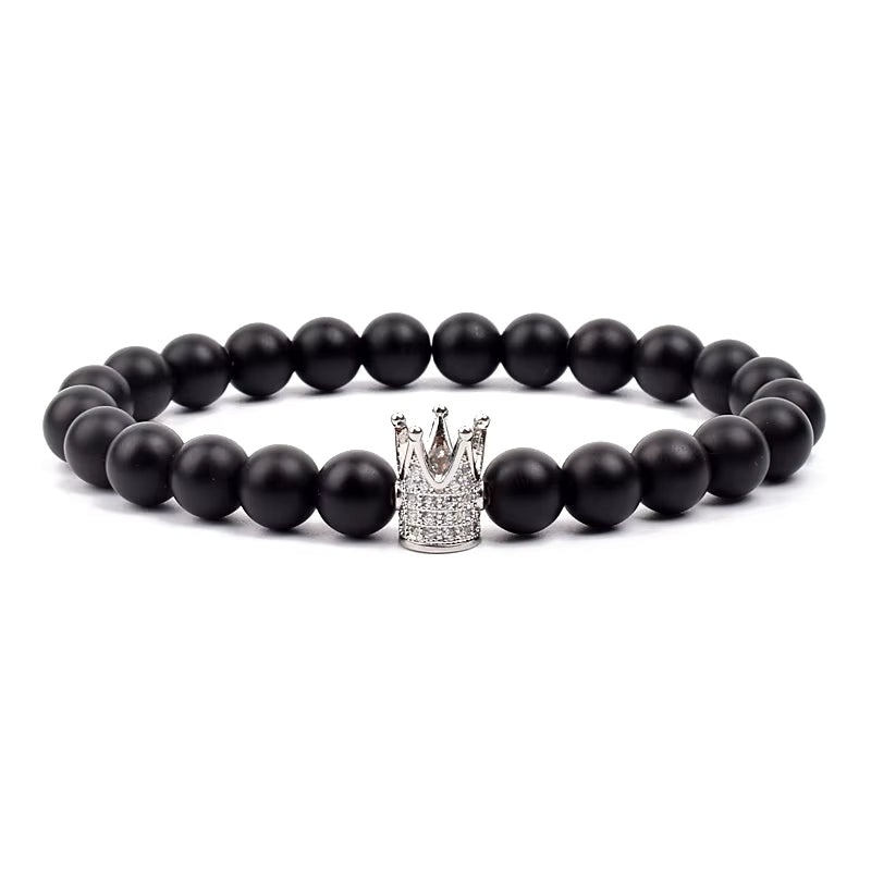 Crown Charm Beaded Bracelet Matte Black Onyx Hematite with Micro CZ