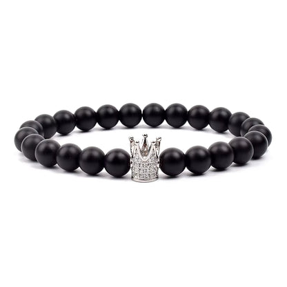 Crown Charm Beaded Bracelet Matte Black Onyx Hematite with Micro CZ