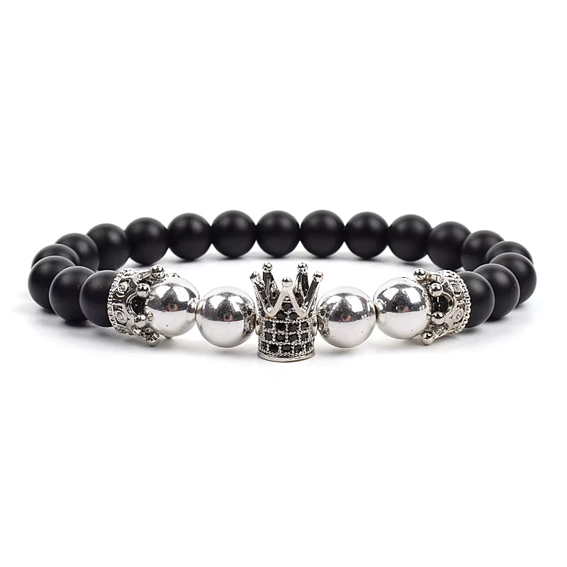 Crown Charm Beaded Bracelet Matte Black Onyx Hematite with Micro CZ