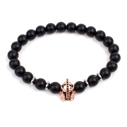 Crown Charm Beaded Bracelet Matte Black Onyx Hematite with Micro CZ