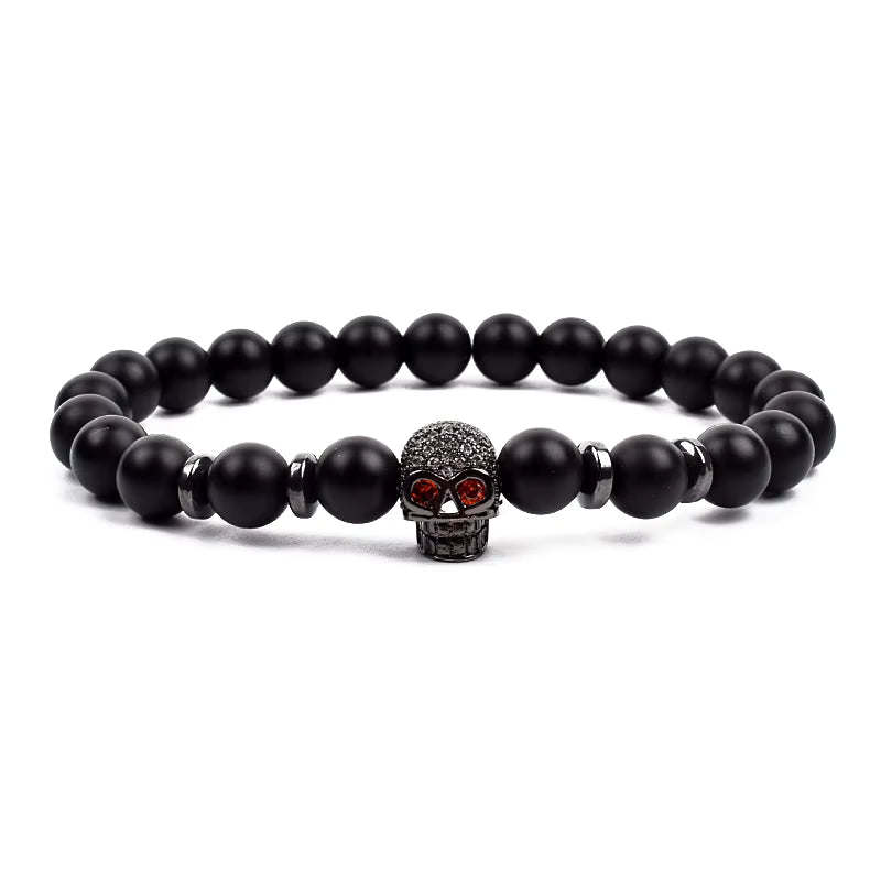 Crown Charm Beaded Bracelet Matte Black Onyx Hematite with Micro CZ