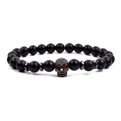 Crown Charm Beaded Bracelet Matte Black Onyx Hematite with Micro CZ