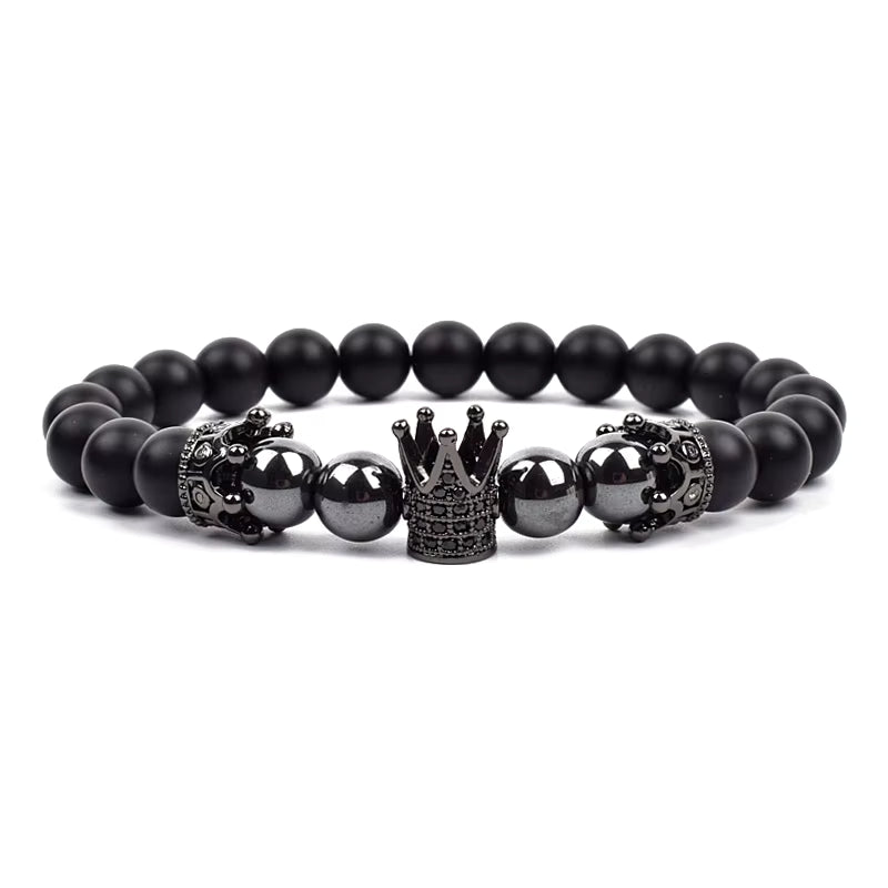 Crown Charm Beaded Bracelet Matte Black Onyx Hematite with Micro CZ