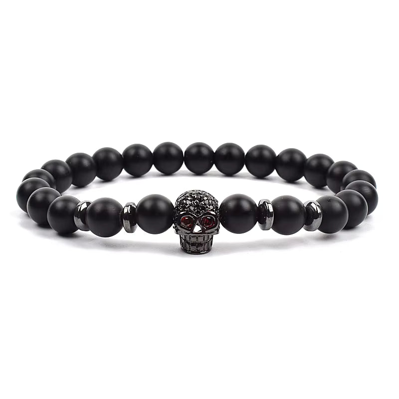 Crown Charm Beaded Bracelet Matte Black Onyx Hematite with Micro CZ