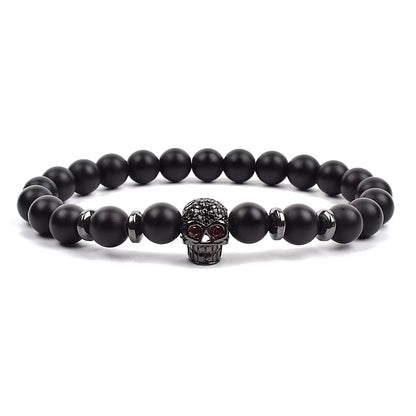 Crown Charm Beaded Bracelet Matte Black Onyx Hematite with Micro CZ