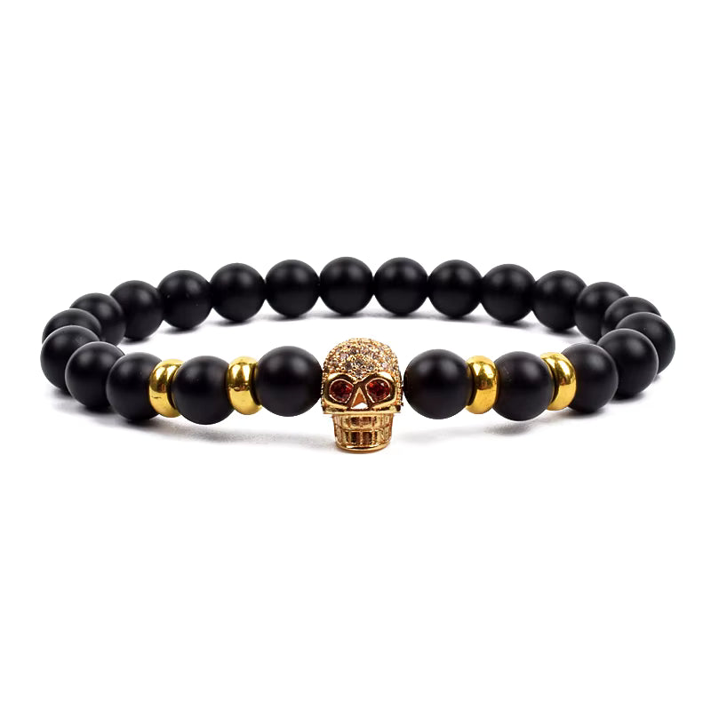 Crown Charm Beaded Bracelet Matte Black Onyx Hematite with Micro CZ